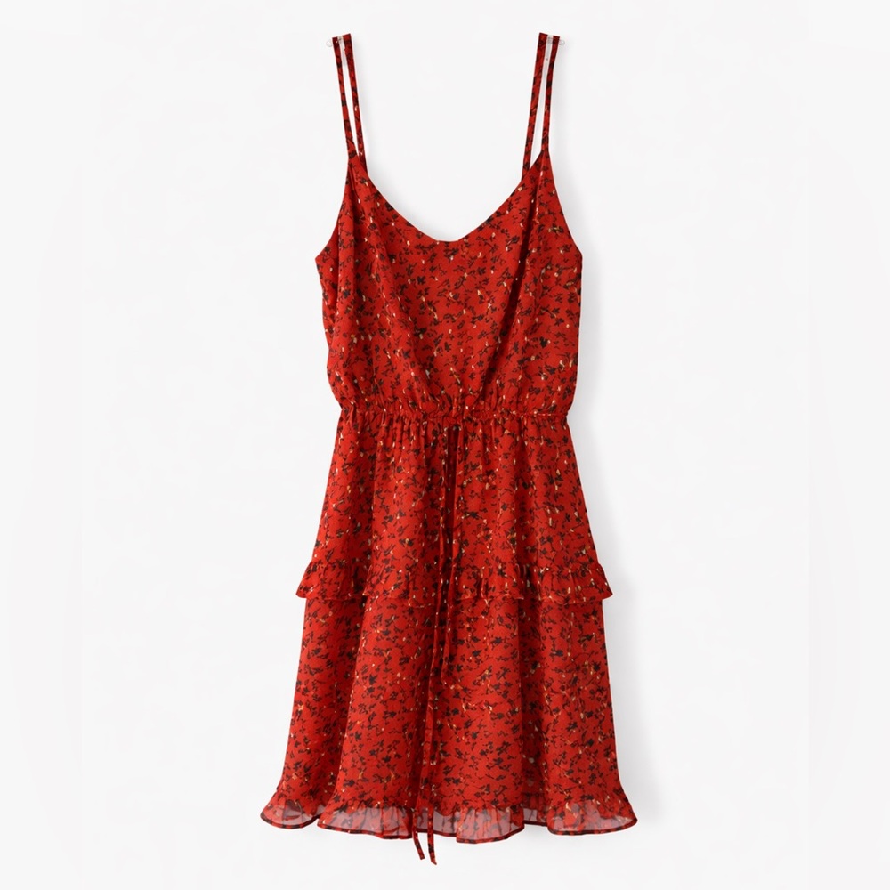 Lush Red Floral Mini Dress XS Spaghetti Strap Tiered Ruffle Summer Dress
